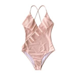 Cupshe Happy Ending Ruffle Ribbed One Piece Swimsuit Blush Pink Size L
